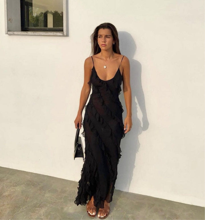 Ruffled Maxi Dress with Spaghetti Straps and Low Back Design