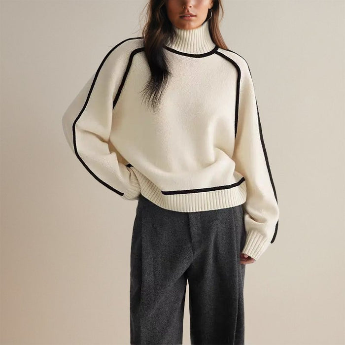 Contrast Trim Turtleneck Sweater with Long Sleeves