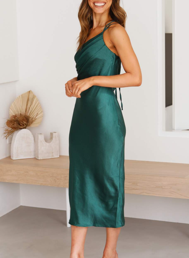 One-Shoulder Midi Dress with Drape Neckline and Single Strap