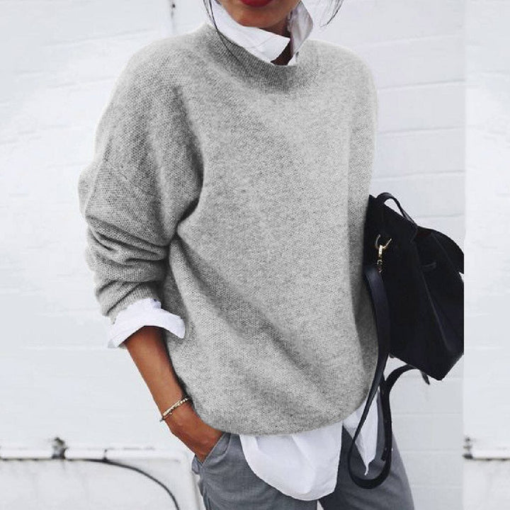 Crew Neck Oversized Knit Sweater with Dropped Shoulders and Ribbed Trims