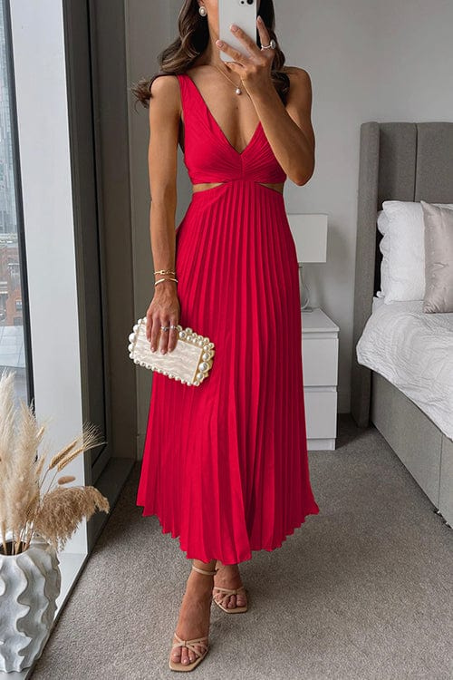 Pleated Midi Dress with V-Neckline and Cut-Out Details