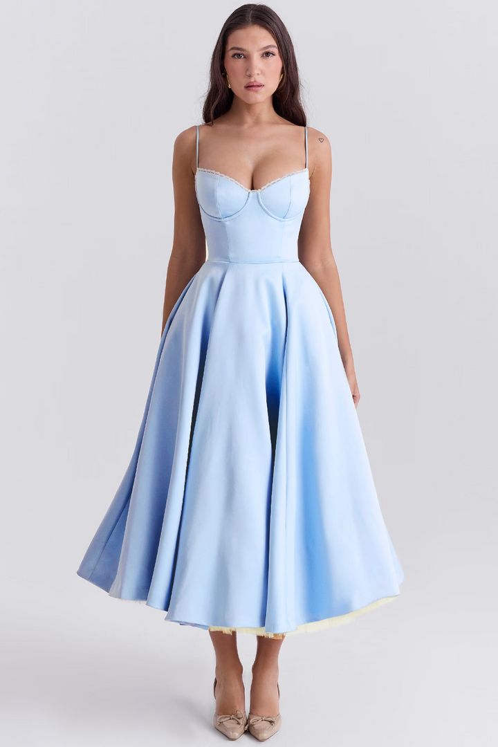 Midi Dress with Spaghetti Straps, Bustier Bodice, and Full Skirt