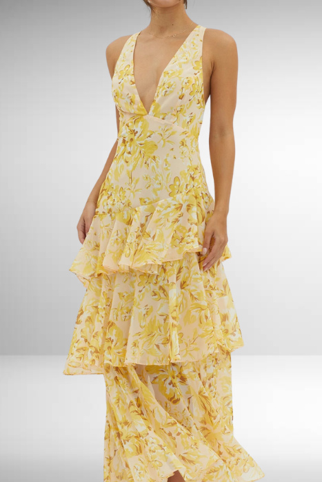 Tiered Maxi Dress with Deep V-Neckline and Cross-Back Tie Straps