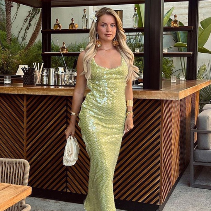 Spaghetti Strap Dress with Cowl Neck and Sequin Finish