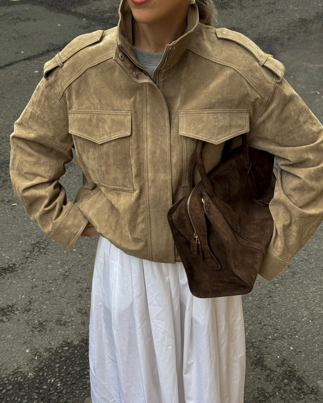 Jacket with High Collar, Front Flap Pockets, and Zip Closure