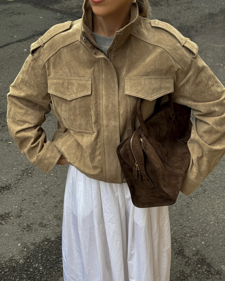 Jacket with High Collar, Front Flap Pockets, and Zip Closure