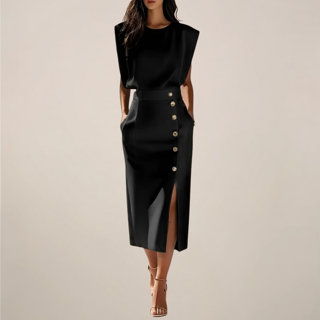 Sleeveless Midi Dress with Button Detail and Front Slit