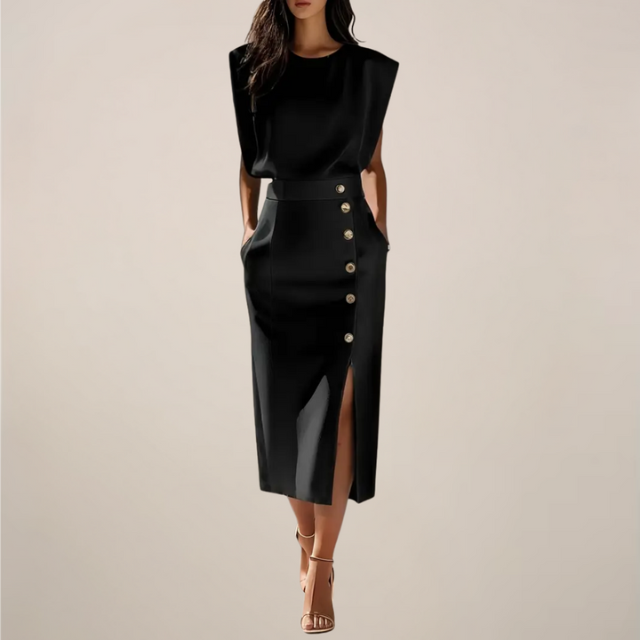 Sleeveless Midi Dress with Button Detail and Front Slit