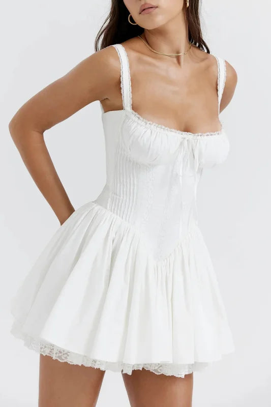 Mini Dress with Spaghetti Straps, Lace Trim, and Corset Bodice
