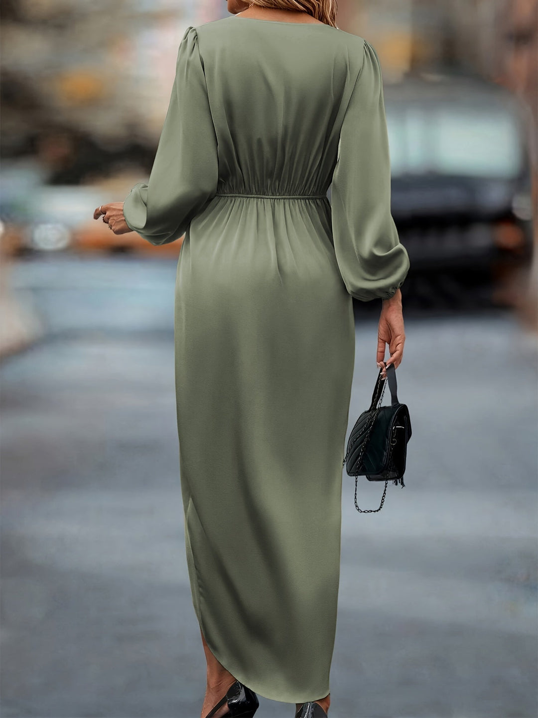 V-Neckline Wrap Dress with Balloon Long Sleeves and Draped Skirt