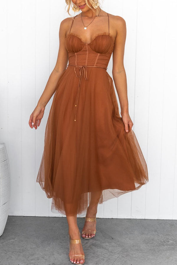 Midi Dress with Corset Bodice and Crisscross Straps