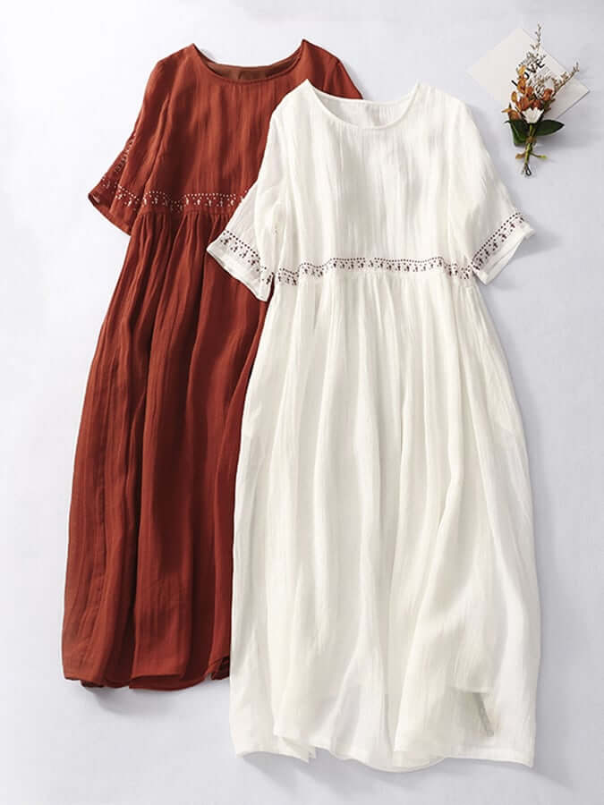 Cotton linen boho dress and Embroidered Waist