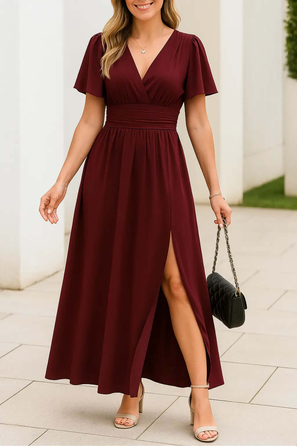 V-Neck A-Line Maxi Dress with Flutter Sleeves and Tie-Back Detail