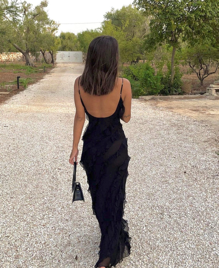 Ruffled Maxi Dress with Spaghetti Straps and Low Back Design