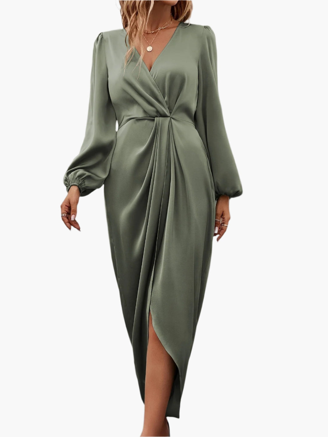 V-Neckline Wrap Dress with Balloon Long Sleeves and Draped Skirt