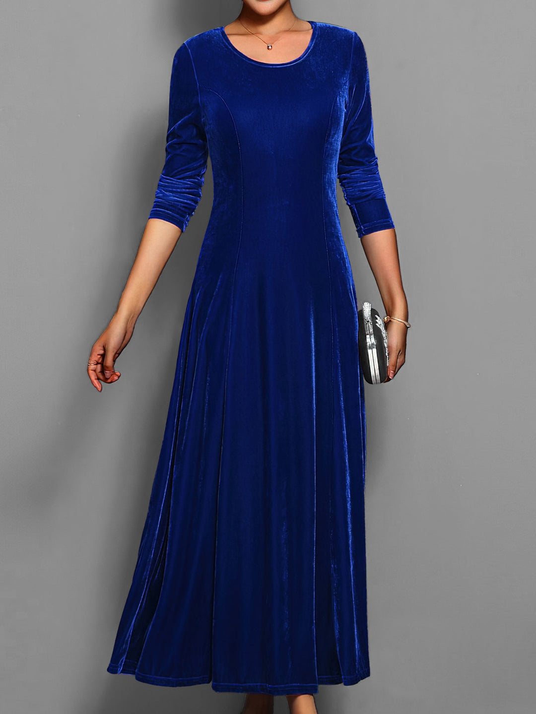 Round Neck Maxi Dress with Long Sleeves and A-Line Skirt