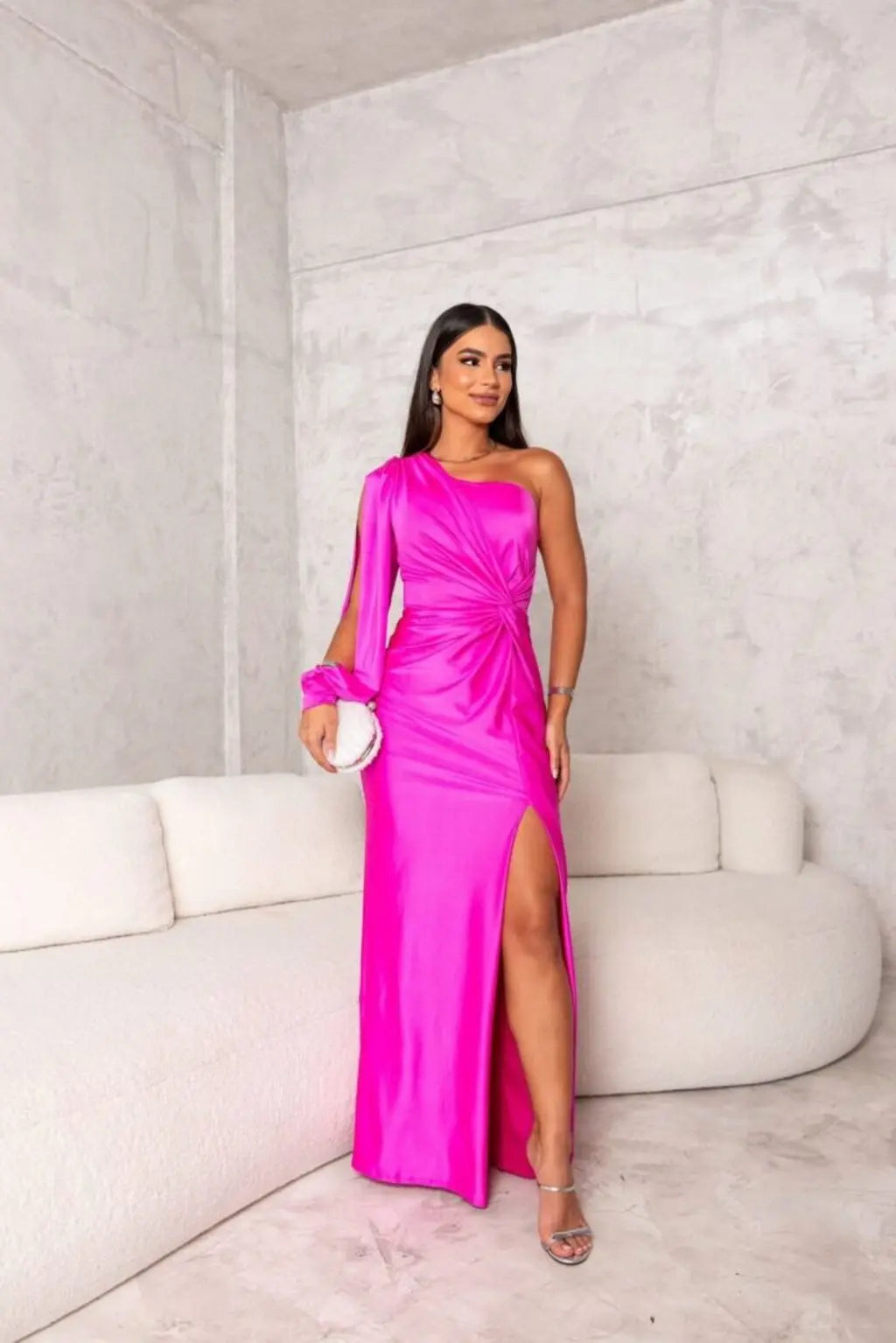 One-Shoulder Maxi Dress with Draped Sleeve and Front Slit