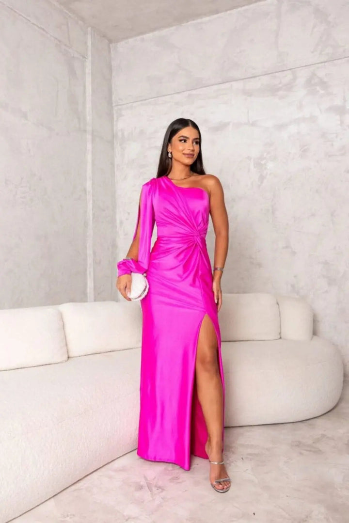 One-Shoulder Maxi Dress with Draped Sleeve and Front Slit