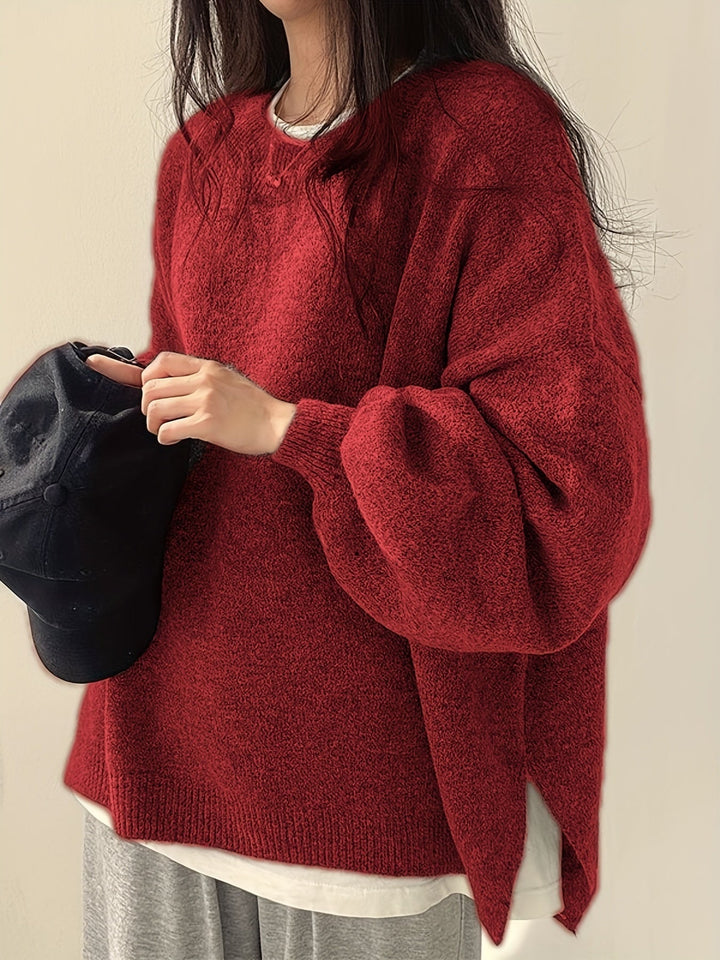 Oversized Knit Sweater with Round Neckline and Ribbed Finishes