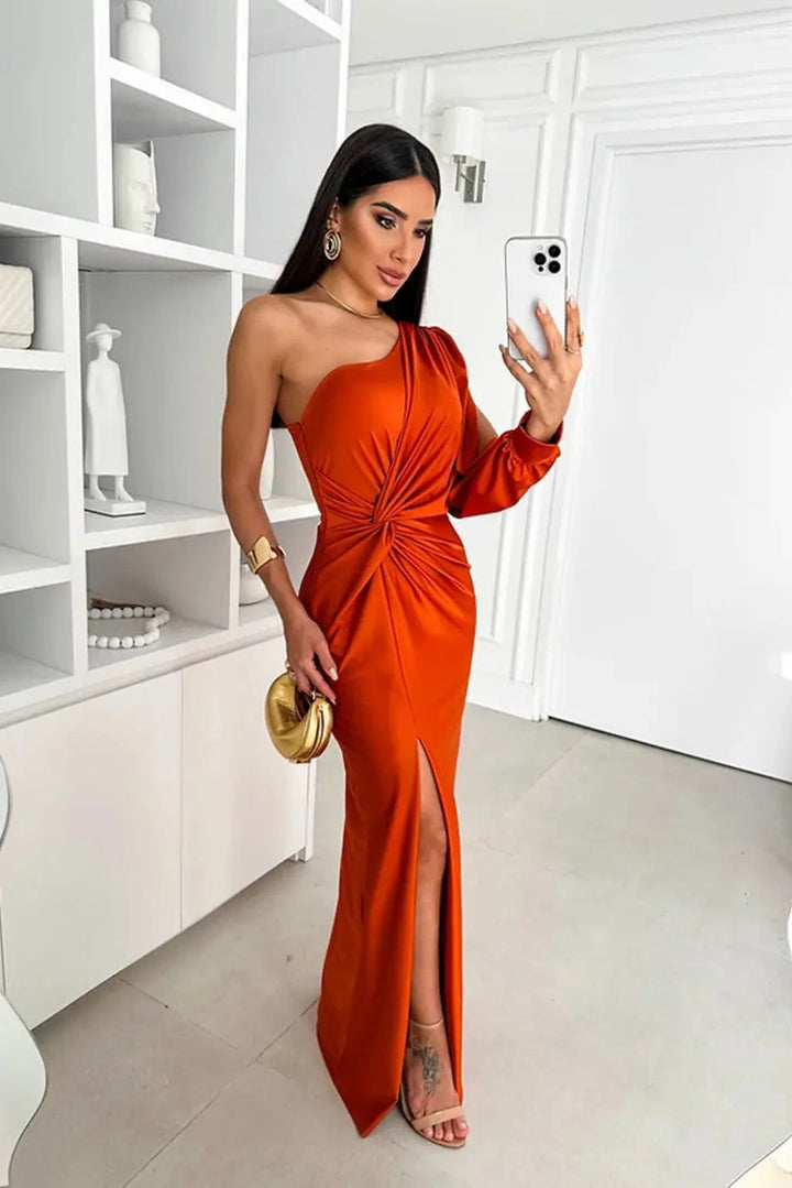 One-Shoulder Maxi Dress with Draped Sleeve and Front Slit