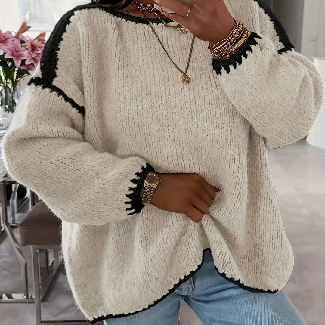 Round Neck Oversized Sweater with Contrast Stitching and Balloon Sleeves