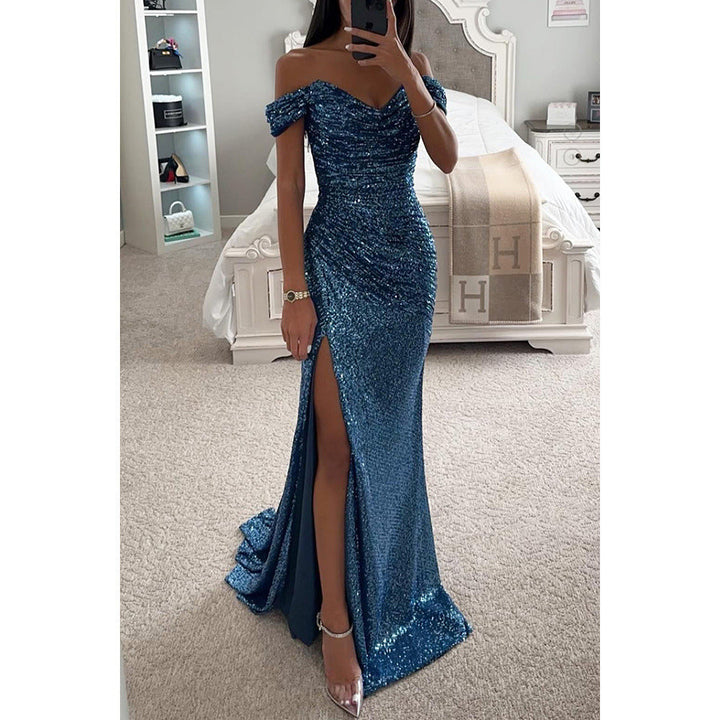 Glittery Off Shoulder Maxi Dress with Sweetheart Neckline and Thigh Slit