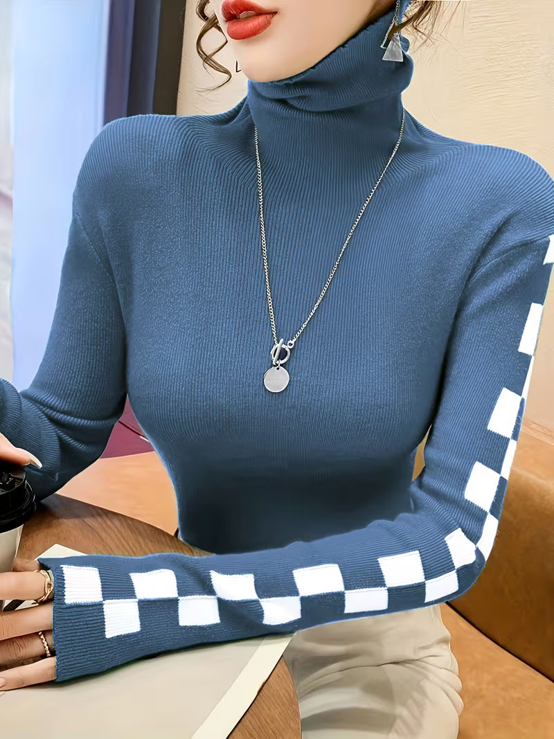 Fitted Turtleneck Top with Long Sleeves and Contrast Pattern Details