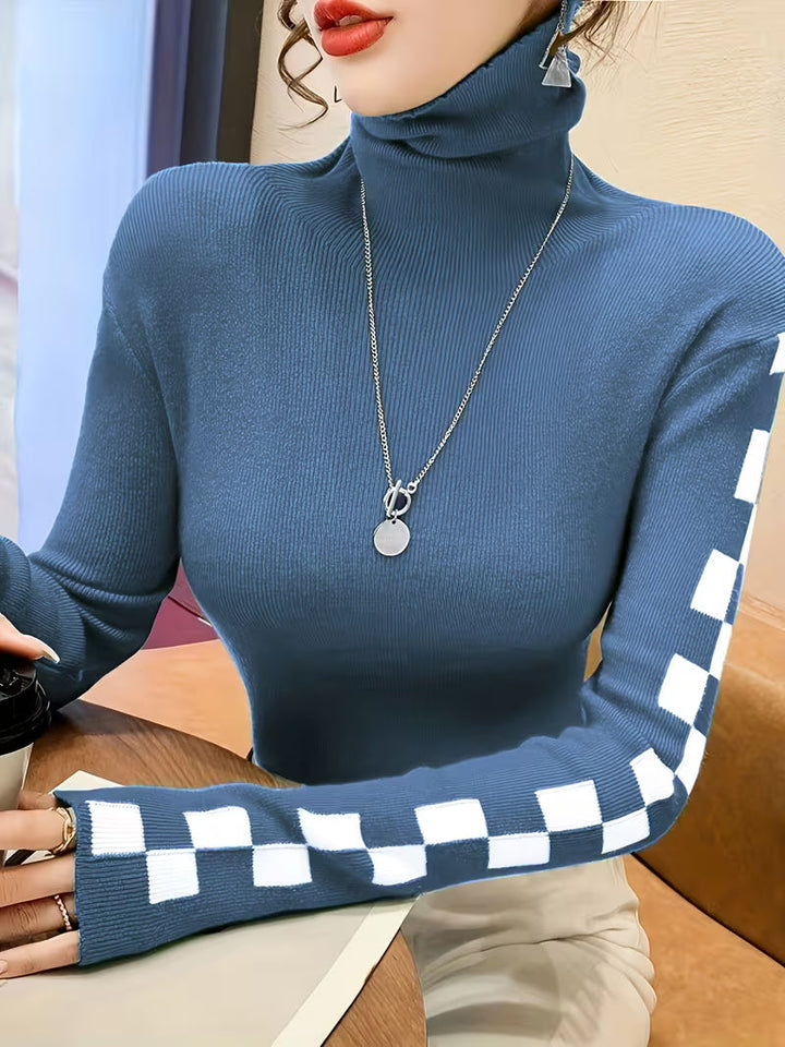 Fitted Turtleneck Top with Long Sleeves and Contrast Pattern Details
