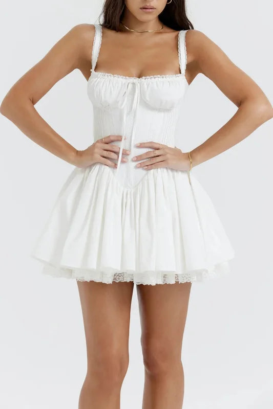 Mini Dress with Spaghetti Straps, Lace Trim, and Corset Bodice