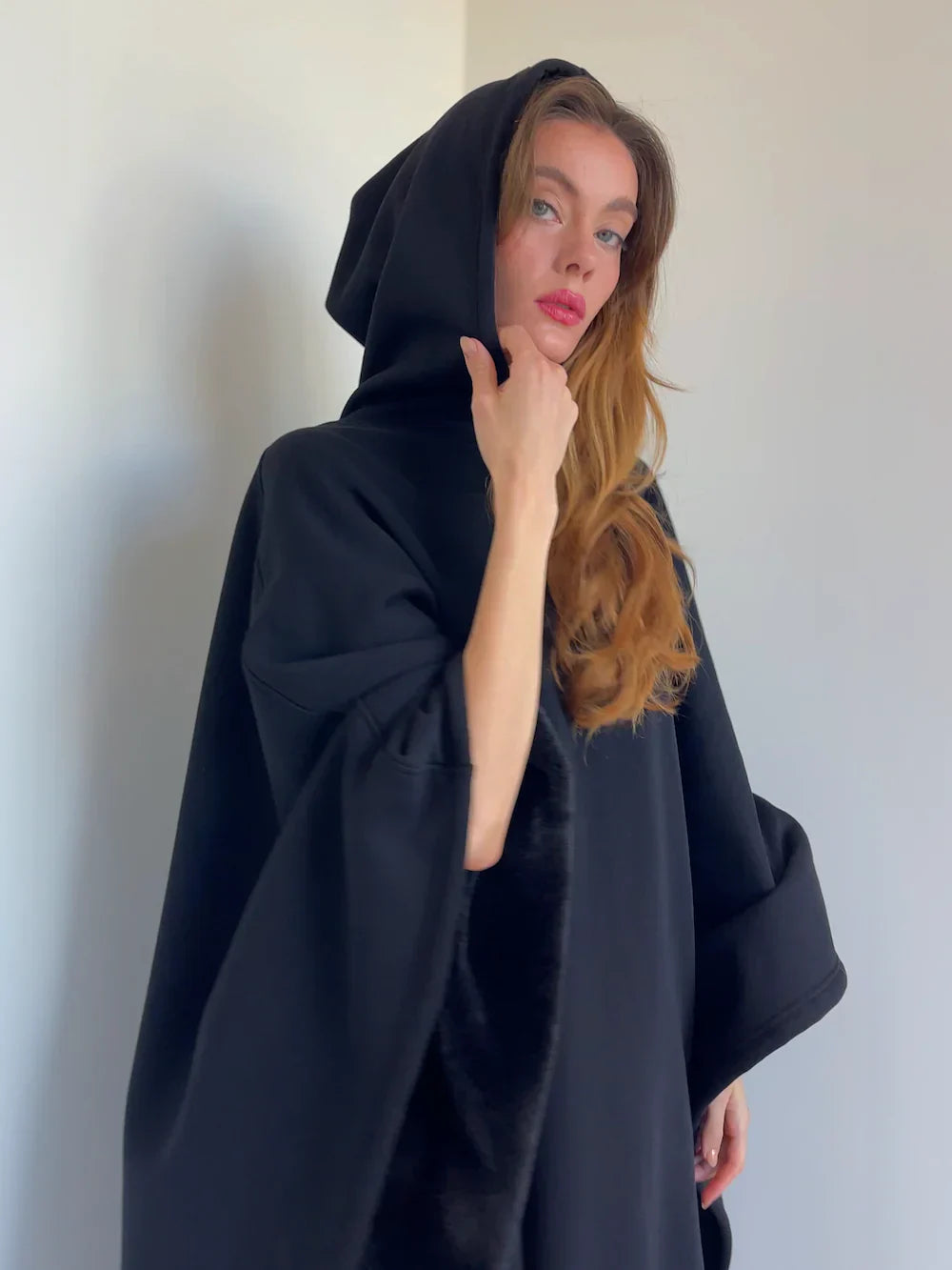 Hooded Terry-Lined Poncho with Snap Button Closure and Full Length