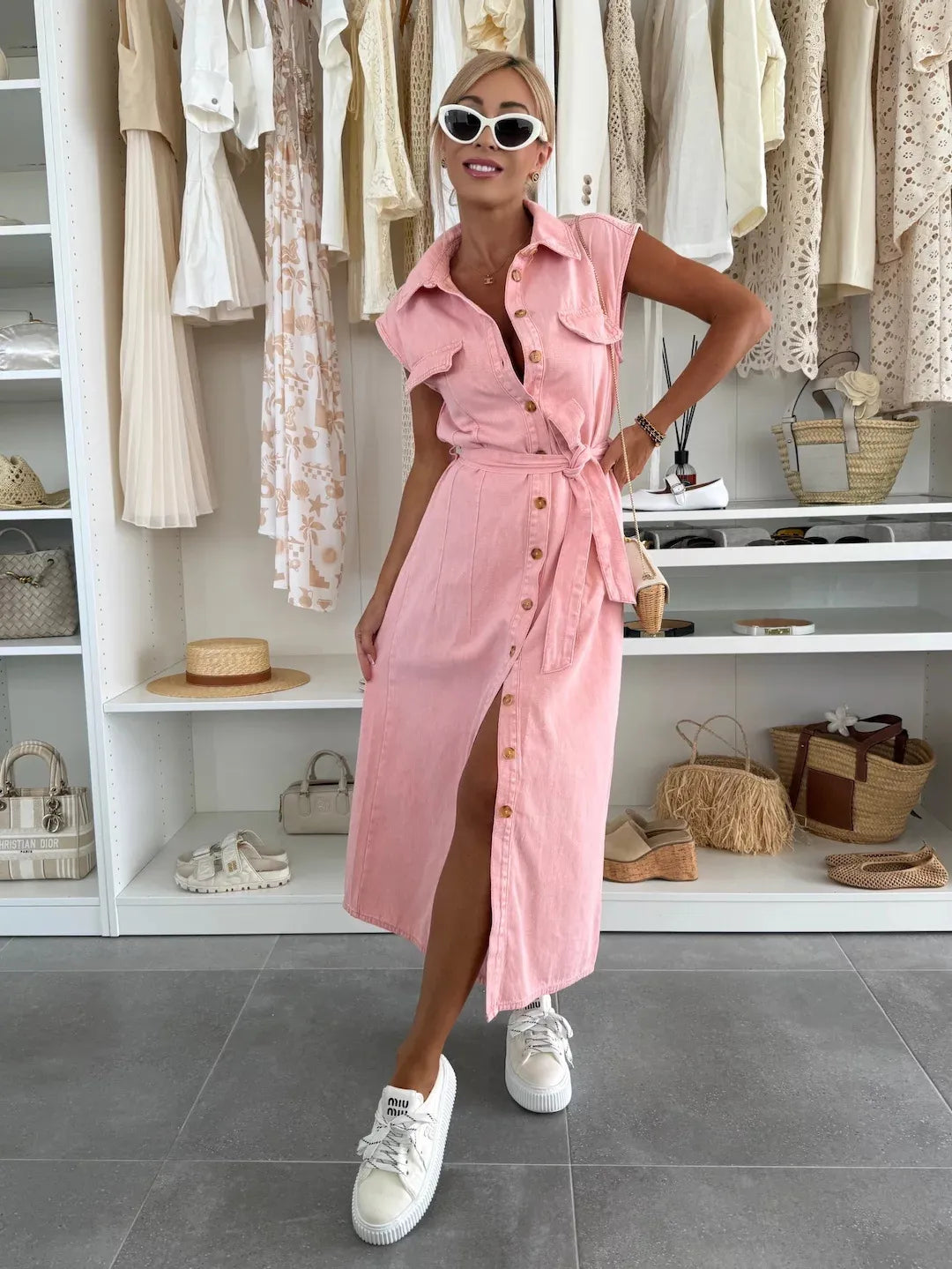 Shirt Collar Midi Dress with Full Button Closure and Tie Waist