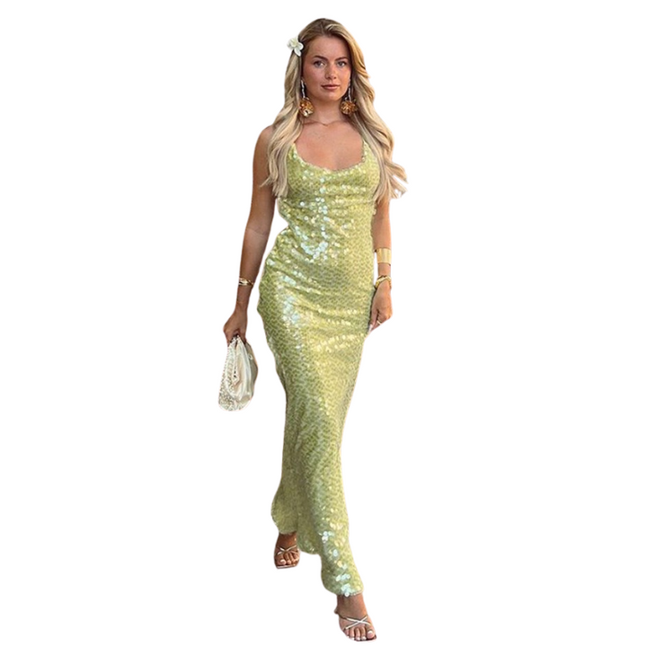 Spaghetti Strap Dress with Cowl Neck and Sequin Finish