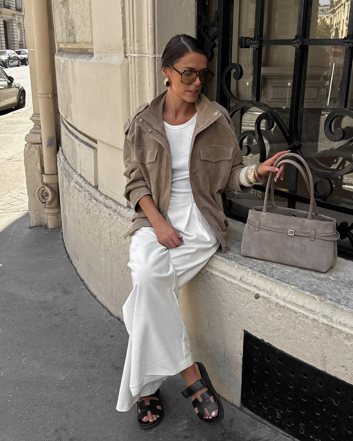 Jacket with High Collar, Front Flap Pockets, and Zip Closure