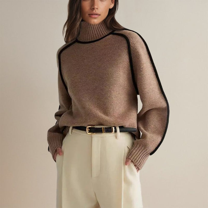 Contrast Trim Turtleneck Sweater with Long Sleeves