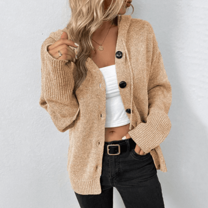 Hooded Button Front Cardigan with Long Sleeves