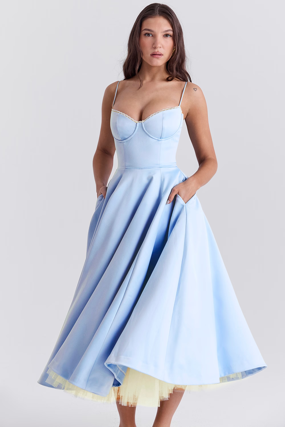 Midi Dress with Spaghetti Straps, Bustier Bodice, and Full Skirt
