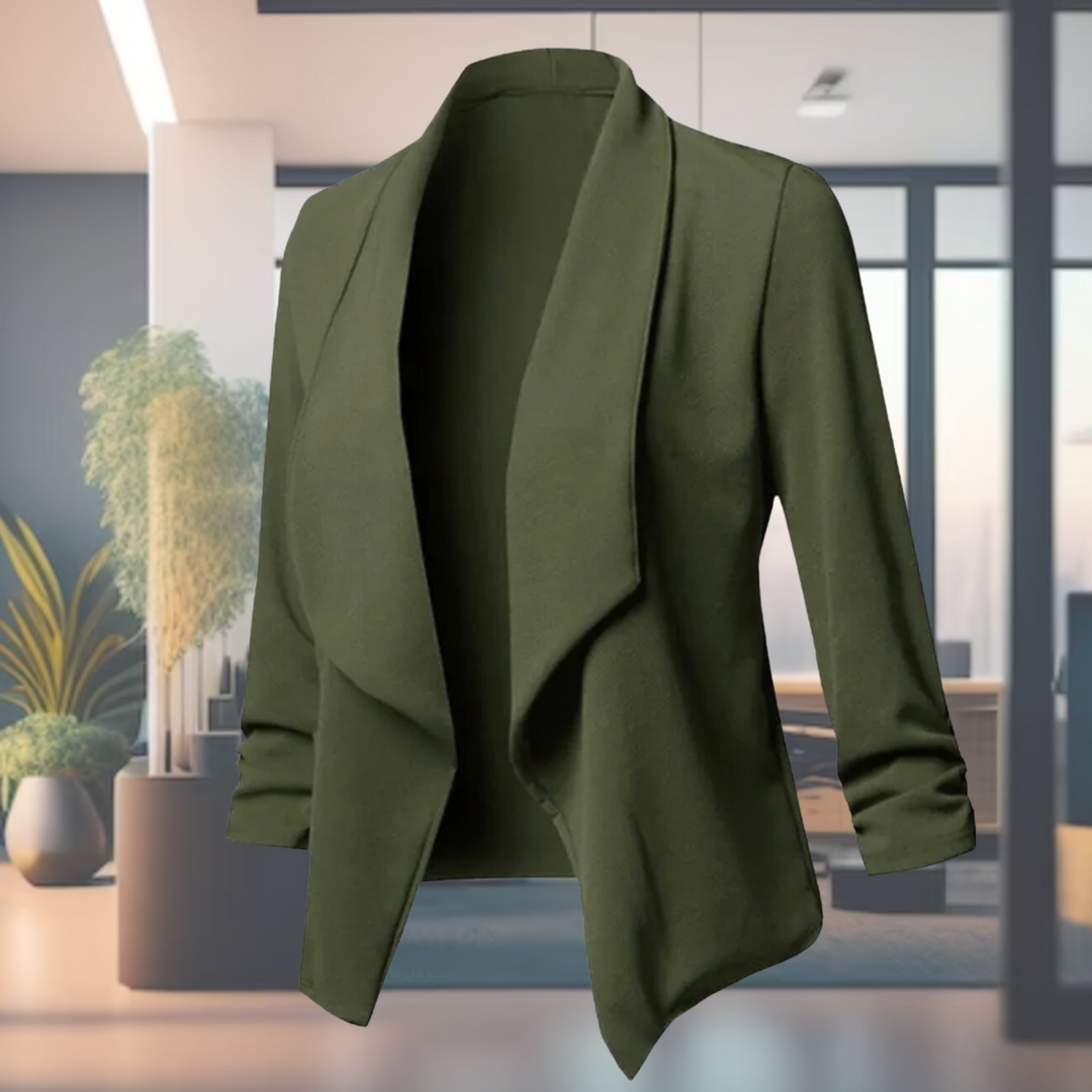 Drape Front Blazer with Open Closure and Ruched Sleeves