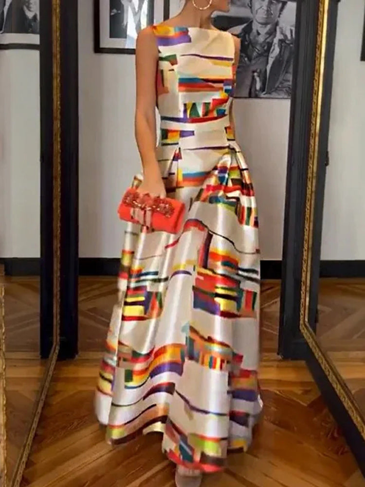 A-Line Maxi Dress with Round Neckline and Sleeveless Design