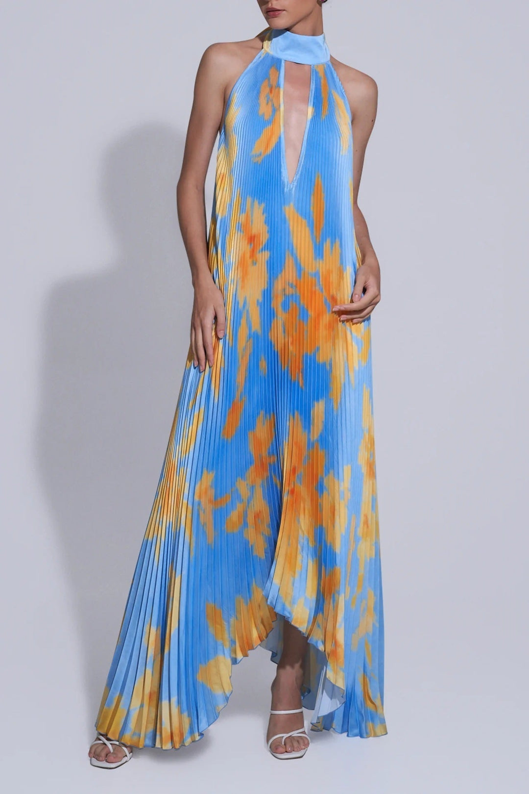 Pleated Maxi Dress with Halter Neck and Deep V-Neckline