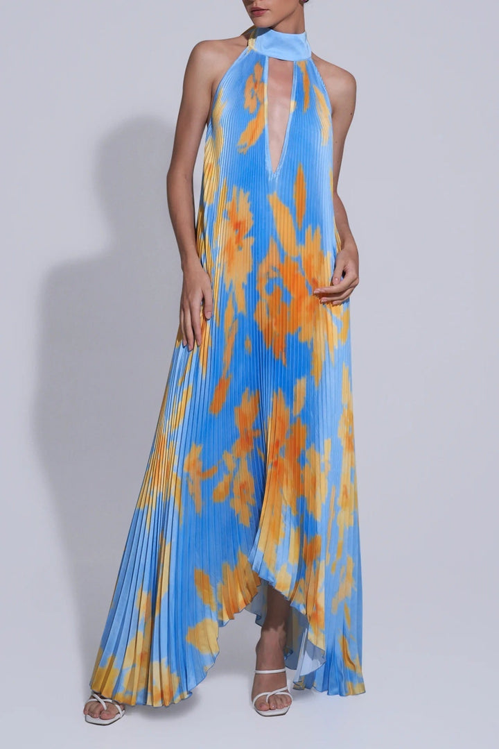 Pleated Maxi Dress with Halter Neck and Deep V-Neckline