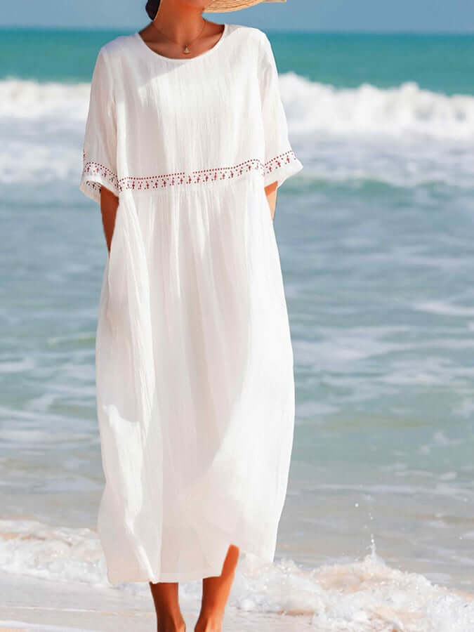 Cotton linen boho dress and Embroidered Waist