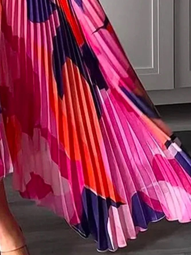 Pleated Maxi Dress with Halter Neck and Deep V-Neckline