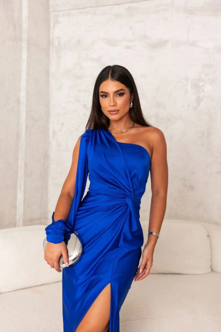 One-Shoulder Maxi Dress with Draped Sleeve and Front Slit