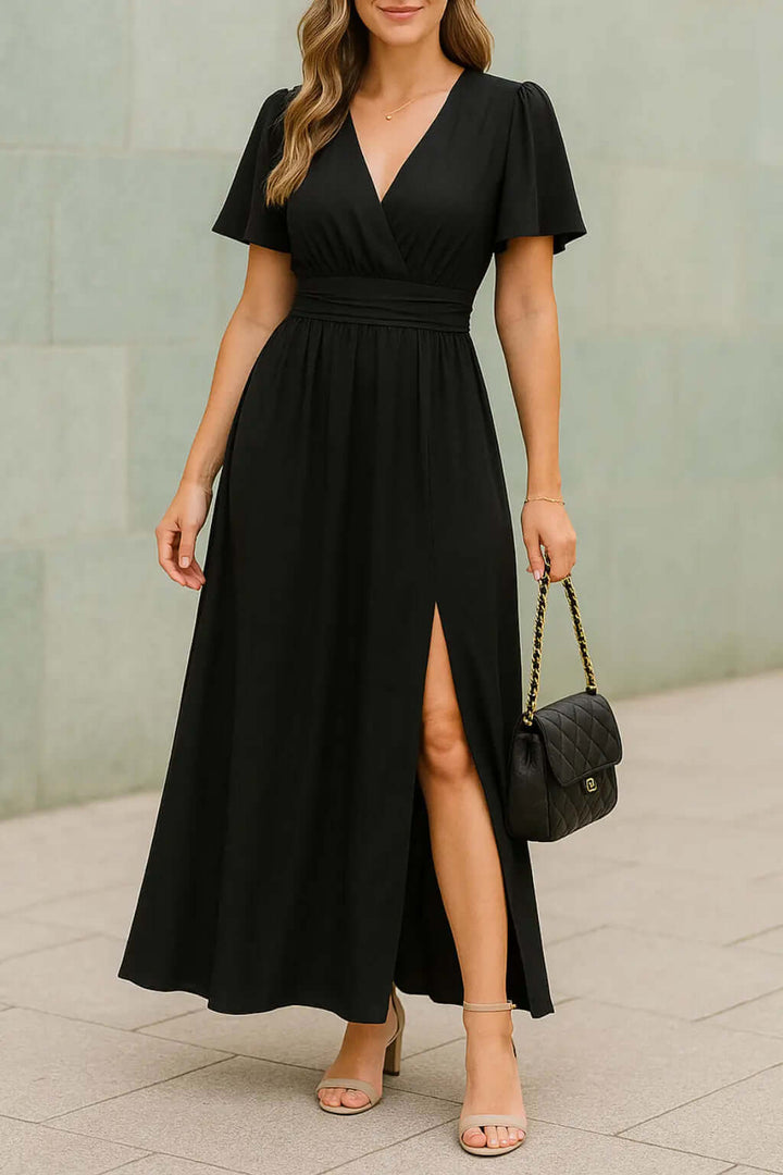 V-Neck A-Line Maxi Dress with Flutter Sleeves and Tie-Back Detail