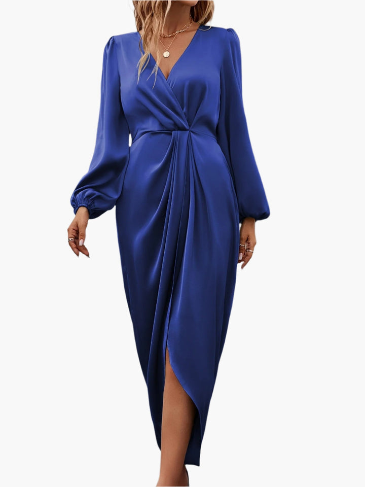 V-Neckline Wrap Dress with Balloon Long Sleeves and Draped Skirt