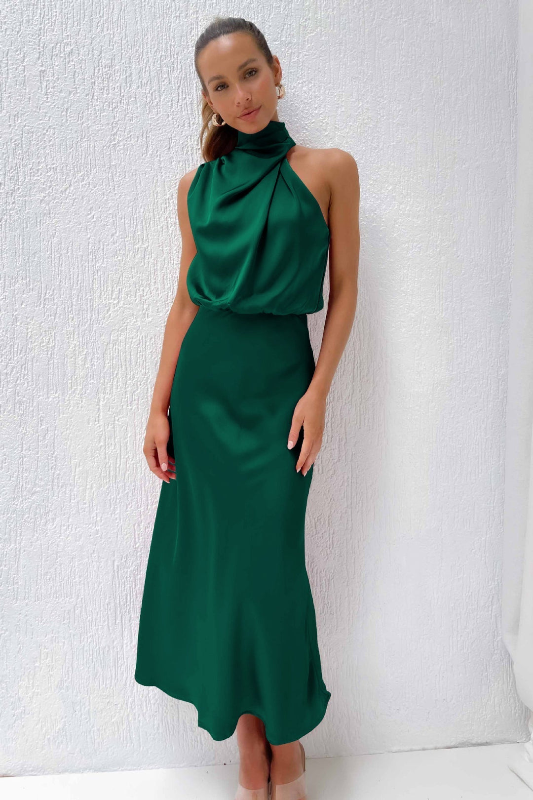 Halter Neck Midi Dress with Draped Cowl Bodice