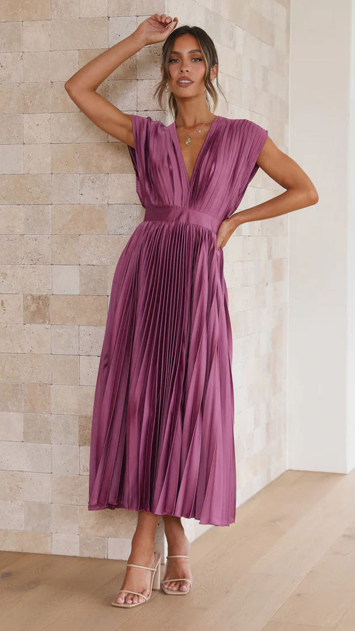 Plissé Pleated Midi Dress with Deep V-Neckline and Cap Sleeves