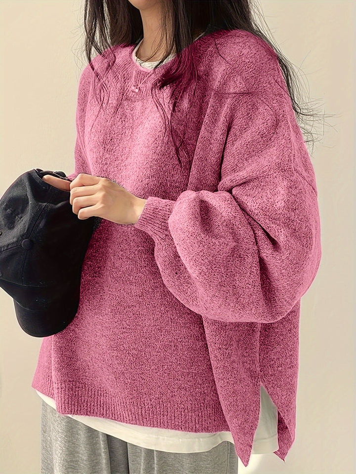 Oversized Knit Sweater with Round Neckline and Ribbed Finishes