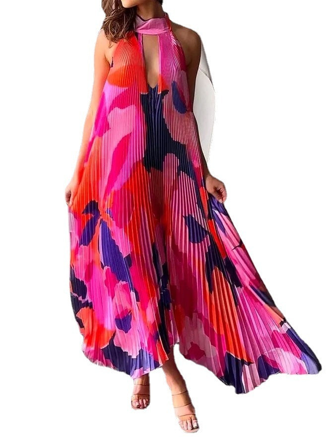Pleated Maxi Dress with Halter Neck and Deep V-Neckline