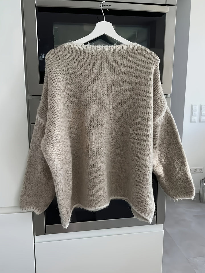 Round Neck Oversized Sweater with Contrast Stitching and Balloon Sleeves